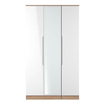 Milan Tall Triple Mirrored Wardrobe In White & Bardolino Oak