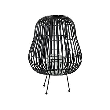 Lantern Black Willow Wood 44 Cm With Candle Holder Standing Decoration Beliani