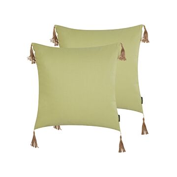 Set Of 2 Decorative Cushions Green Solid Pattern 45 X 45 Cm Modern Décor Accessories Bedroom Living Room Beliani
