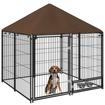 Pawhut Outdoor Dog Kennel Puppy Play Pen With Canopy Garden Playpen Fence Crate Enclosure Cage Rotating Bowl 141 X 141 X 151 Cm