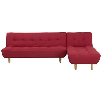 Corner Sofa Red Fabric Upholstery Light Wood Legs Left Hand Chaise Longue 3 Seater Beliani