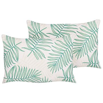 Set Of 2 Garden Cushions Beige And Green Polyester Palm Leaf Motif Pattern 40 X 60 Cm Modern Outdoor Decoration Water Resistant Beliani