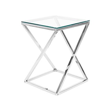 Side Table Silver Steel Frame Glass Square Top Geometric Glam Design Beliani