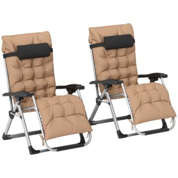 Outsunny 2 Piece Reclining Zero Gravity Sun Loungers With Cushions, Khaki