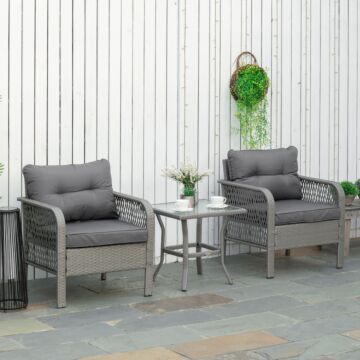 Outsunny 2 Seater Patio Pe Rattan Bistro Set, Outdoor Wicker Coffee Table Armrest Chairs Conversation Furniture W/ Cushion, Grey