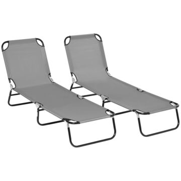 Outsunny Folding Sun Loungers Set Of 2, Outdoor Day Bed With 5-position Adjustable Backrest, Portable Recliner Garden Chairs With Breathable Mesh For Beach, Patio, Dark Grey
