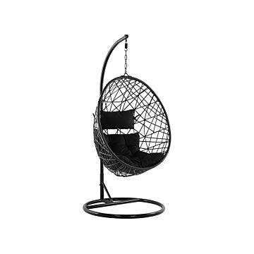 Rattan Pe Hanging Chair Black Stand Swing Egg Shape Wicker Rustic Boho Beliani