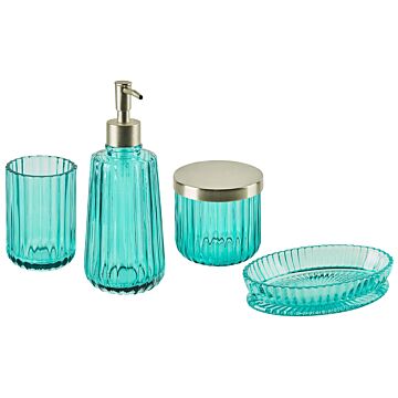 4-piece Bathroom Accessories Set Blue Glass Glam Soap Dispenser Soap Dish Toothrbrush Holder Cup Beliani