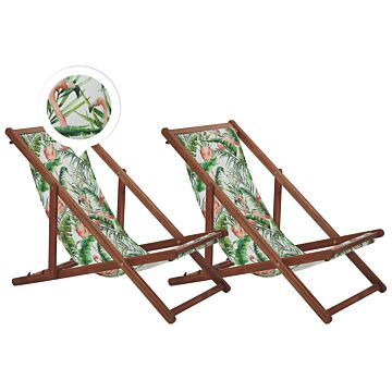 Set Of 2 Garden Deck Chairs Dark Acacia Wood Frame Flamingo Pattern Replacement Fabric Hammock Seat Reclining Folding Sun Lounger Beliani