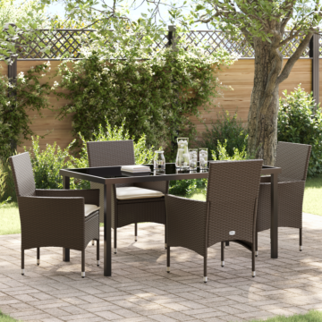 Vidaxl 5 Piece Garden Dining Set With Cushions Brown Poly Rattan, Vidaxl Garden Table Black 160x80x73 Cm Tempered Glass