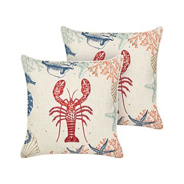 Set Of 2 Scatter Cushions Beige Linen 45 X 45 Cm Marine Lobster Pattern Square Polyester Filling Home Accessories Beliani