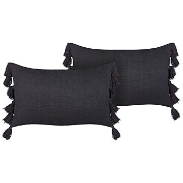 Set Of 2 Decorative Cushions Grey Cotton 35 X 55 Cm Solid Pattern With Tassels Boho Decor Accessories Beliani