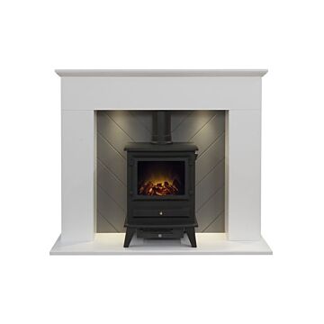 Adam Corinth Stove Fireplace In Pure White & Grey With Downlights & Hudson Electric Stove In Black, 48 Inch