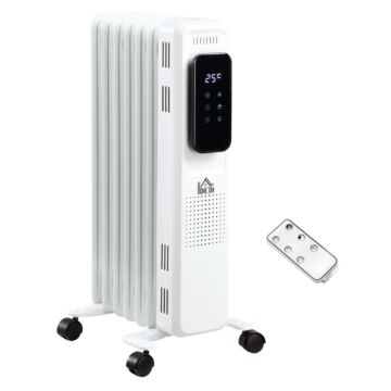 Homcom 1630w Oil Filled Radiator, 7 Fin, Portable Electric Heater With Led Display, 24h Timer, 3 Heat Settings, Safety Cut-off Remote Control-white