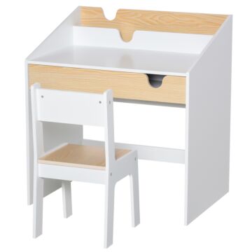 Homcom Kids Desk And Chair Set 2 Pieces Children Study Table With Storage Pull-out Drawer Bookshelf For 3-6 Years Writing, Reading, Drawing