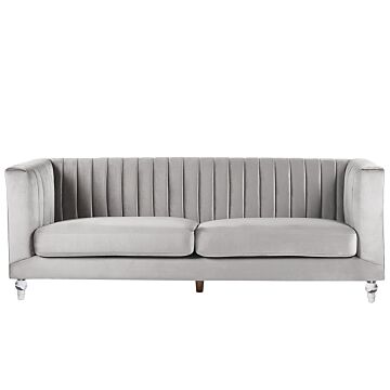 Sofa Light Grey 3 Seater Velvet Tuxedo Style Quilting Beliani
