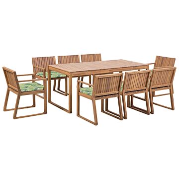 Garden Dining Set Light Acacia Wood Table 8 Chairs With Leaf Pattern Green Cushions