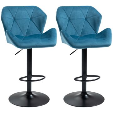 Homcom Bar Stools Set Of 2 Luxurious Velvet-touch Barstools W/ Metal Frame Footrest Round Base Triangle Indenting Moulded Seat Adjustable Height Blue