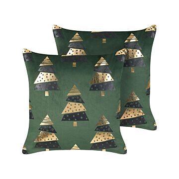 Set Of 2 Scatter Cushions Green Velvet Fabric 45 X 45 Cm Christmas Tree Pattern Removable Covers Living Room Bedroom Beliani