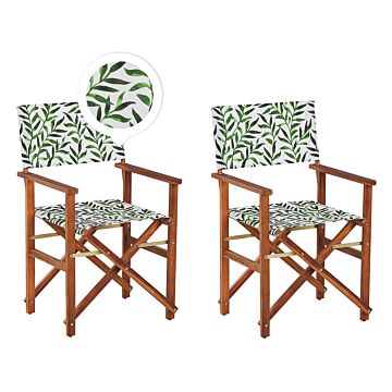 Set Of 2 Garden Director's Chairs Dark Wood With Grey Acacia Leaf Pattern Replacement Fabric Folding Beliani
