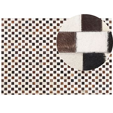 Area Rug Brown And Beige Cowhide Leather 160 X 230 Cm Geometric Pattern Patchwork Beliani