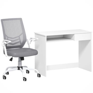 Vinsetto Home Office Chair And Computer Desk Set, Mesh Chair With With 90° Flip-up Armrest, Study Desk With Keyboard Tray And Drawer, White And Grey