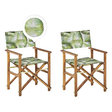 Set Of 2 Garden Director's Chairs Light Wood With Off-white Acacia Tropical Leaves Pattern Replacement Fabric Folding Beliani