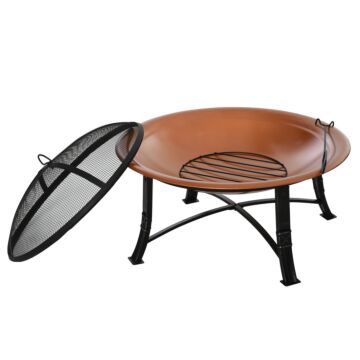 Outsunny Metal Large Firepit Bowl Outdoor Round Fire Pit W/ Lid, Log Grate, Poker For Backyard, Camping, Picnic, Bonfire, 76 X 76 X 49.5cm, Bronze
