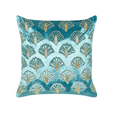 Scatter Cushion Turquoise And Gold Velvet 45 X 45 Cm Square Handmade Throw Pillow Embroidered Seashell Pattern Removable Cover Beliani