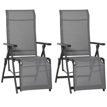 Outsunny Set Of 2 Outdoor Sun Lounger Adjustable Folding Steel Chaise Reclining Lounge Chairs With 10 Back And Leg Positions, Grey