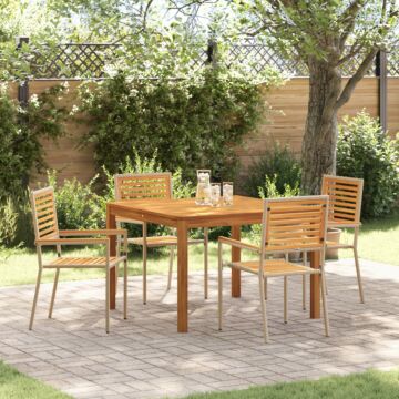 Vidaxl 5 Piece Garden Dining Set Beige Poly Rattan Acacia, Vidaxl Stacking Garden Chairs With Cushions - Set Of 2 In Beige Poly Rattan