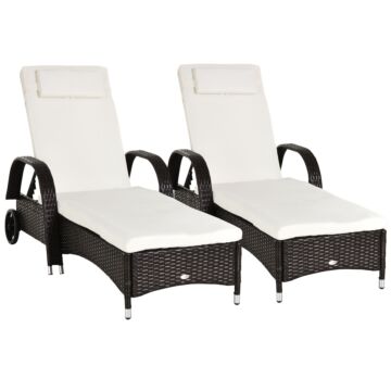 Outsunny 2pc Rattan Sun Lounger Recliner Bed Reclining Chair Patio Garden Outdoor Wicker Weave Adjustable Headrest With Fire Retardant Cushion – Brown