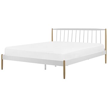 Eu Super King Size Panel Bed White With Light Wood Legs 6ft White Metal Frame Slatted Base Retro Scandinavian Beliani