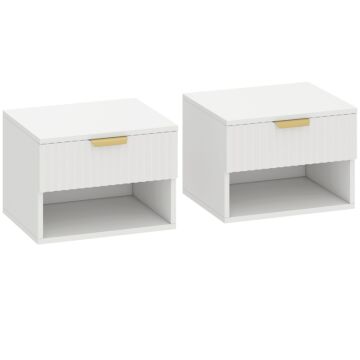 Homcom Floating Nightstands Set Of 2, Modern Wall Mounted Bedside Tables With Fluted Drawer And Open Shelf For Bedroom, White