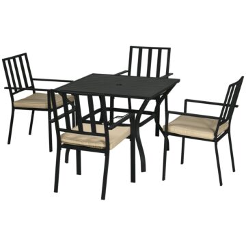 Outsunny 5 Pieces Garden Dining Set With Cushions, Outdoor Table And 4 Stackable Chairs, Metal Top Table With Umbrella Hole, Black