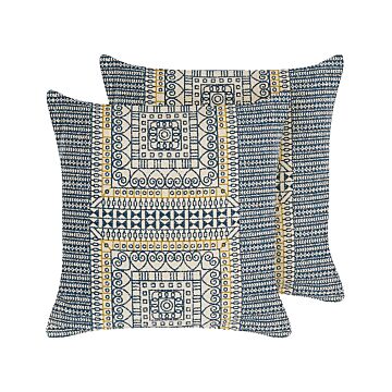 2 Decorative Cushions Multicolour Cotton 50 X 50 Cm Geometric Pattern Foil Print Boho Decor Accessories Beliani
