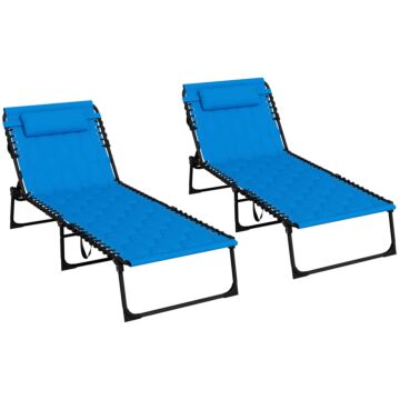 Outsunny Foldable Sun Lounger Set With 5-level Reclining Back, Outdoor Tanning Chairs With Build-in Padded Seat, Outdoor Sun Loungers With Side Pocket, Headrest For Beach, Yard, Patio, Blue