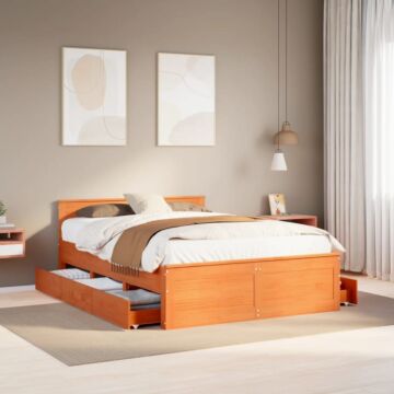 Vidaxl Bed Frame Without Mattress With Headboard Wax Brown 150x200 Cm King Size Solid Wood Pine