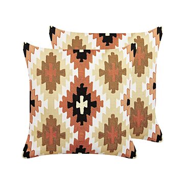 Set Of 2 Scatter Cushions Multicolour Cotton Wool 50 X 50 Cm Geometric Pattern Handmade Embroidered Removable Cover With Filling Boho Style Beliani