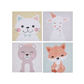 Set Of 4 Canvas Prints Multicolour 30 X 30 Cm Wall Art Sheep Cat Bear Fox Kids Room Beliani