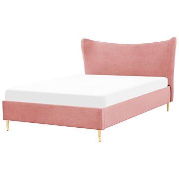 Eu Double Size Bed Pink Velvet 4ft6 Upholstered Frame Metal Legs Slatted Base Headboard Modern Glam Style Bedroom Beliani
