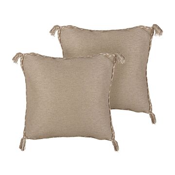 Set Of 2 Decorative Cushions Beige Jute 45 X 45 Cm Woven Removable With Zipper Decorative Tassels Boho Decor Accessories Beliani