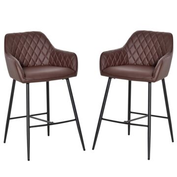 Homcom Set Of 2 Bar Stools With Backs Retro Pu Leather Bar Chairs W/ Footrest Metal Frame Comfort Support Stylish Dining Seating Home Brown