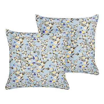 Set Of 2 Outdoor Cushions Blue Polyester 45 X 45 Cm Square Floral Print Pattern Scatter Pillow Garden Patio Beliani
