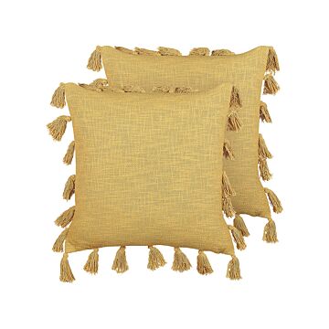 Set Of 2 Decorative Cushions Yellow Cotton 45 X 45 Cm With Tassels Modern Boho Decor Accessories Beliani