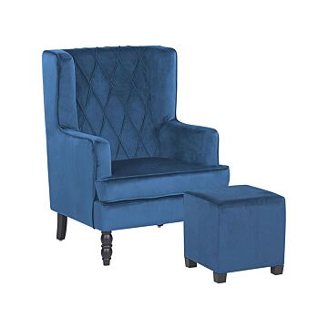 Armchair With Footstool Blue Velvet Fabric Wooden Legs Wingback Style Beliani