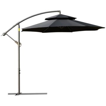 Outsunny 2.7m Banana Parasol Cantilever Umbrella With Crank Handle , Double Tier Canopy And Cross Base For Outdoor, Hanging Sun Shade, Black