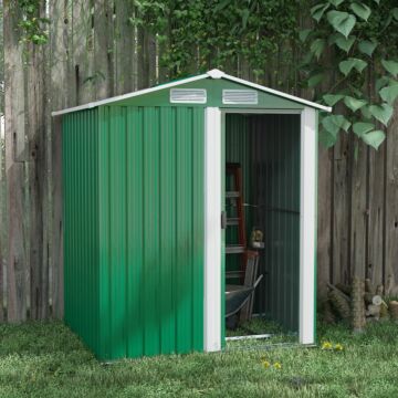 Outsunny Garden Metal Tool Storage Shed With Sliding Door, Sloped Roof And Floor Foundation, 152 X 132 X 188cm, Green