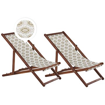 Set Of 2 Garden Deck Chairs Dark Acacia Wood Frame Replacement Fabric Hammock Seat Reclining Folding Sun Lounger Beliani