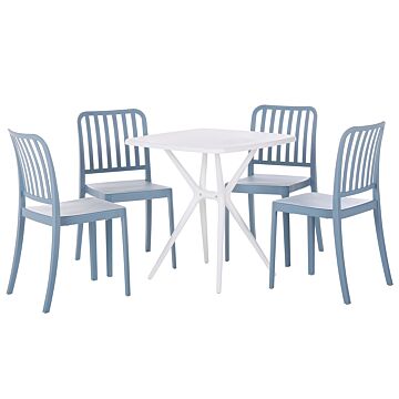 Garden Dining Set Blue And White Plastic 4 Seater Square Table Stackable Chairs Weatherproof Beliani